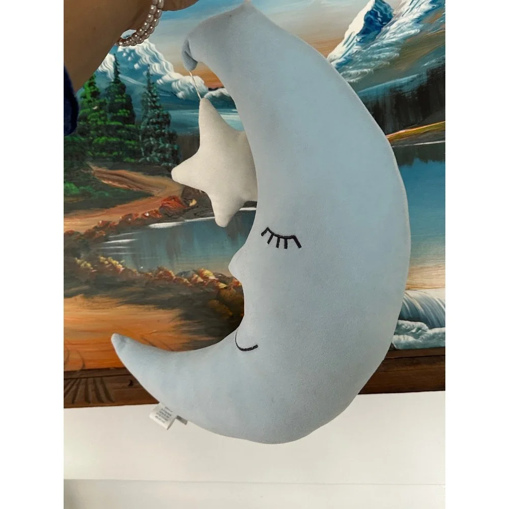 Celestial Moon & Star Nursery hanging pillow plush baby blue Lambs & Ivy decor